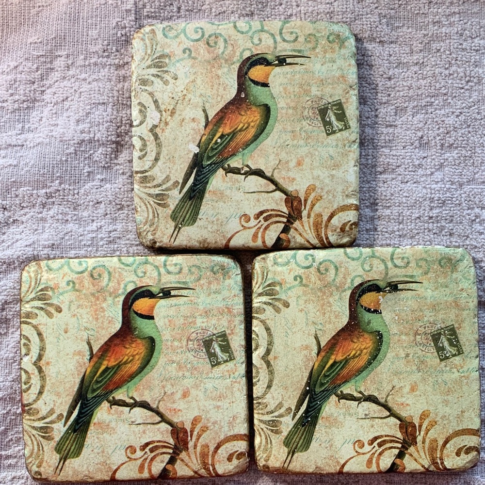 Set of Three Bird Design Stone Coasters